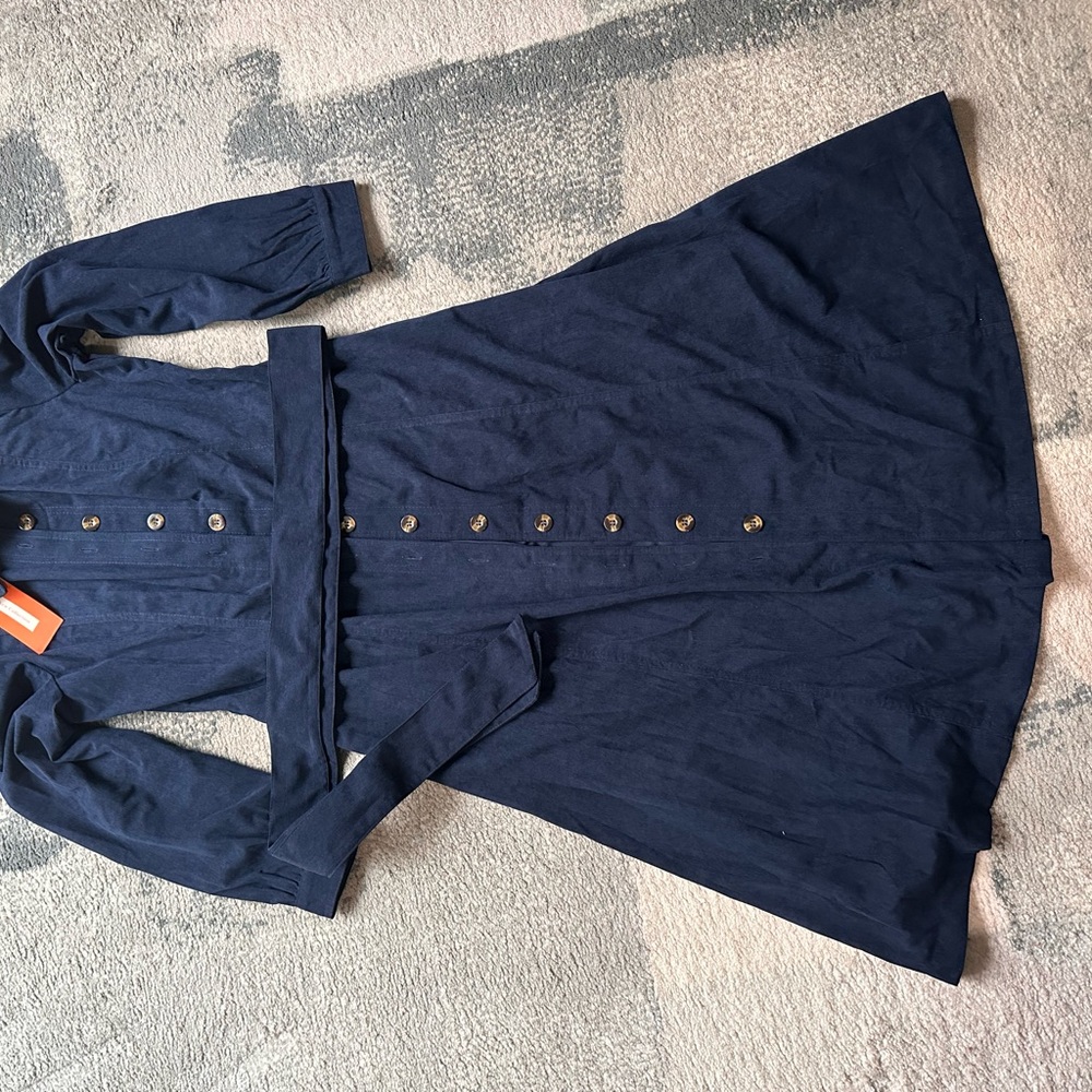 Navy Long Sleeve A-Line Midi Dress